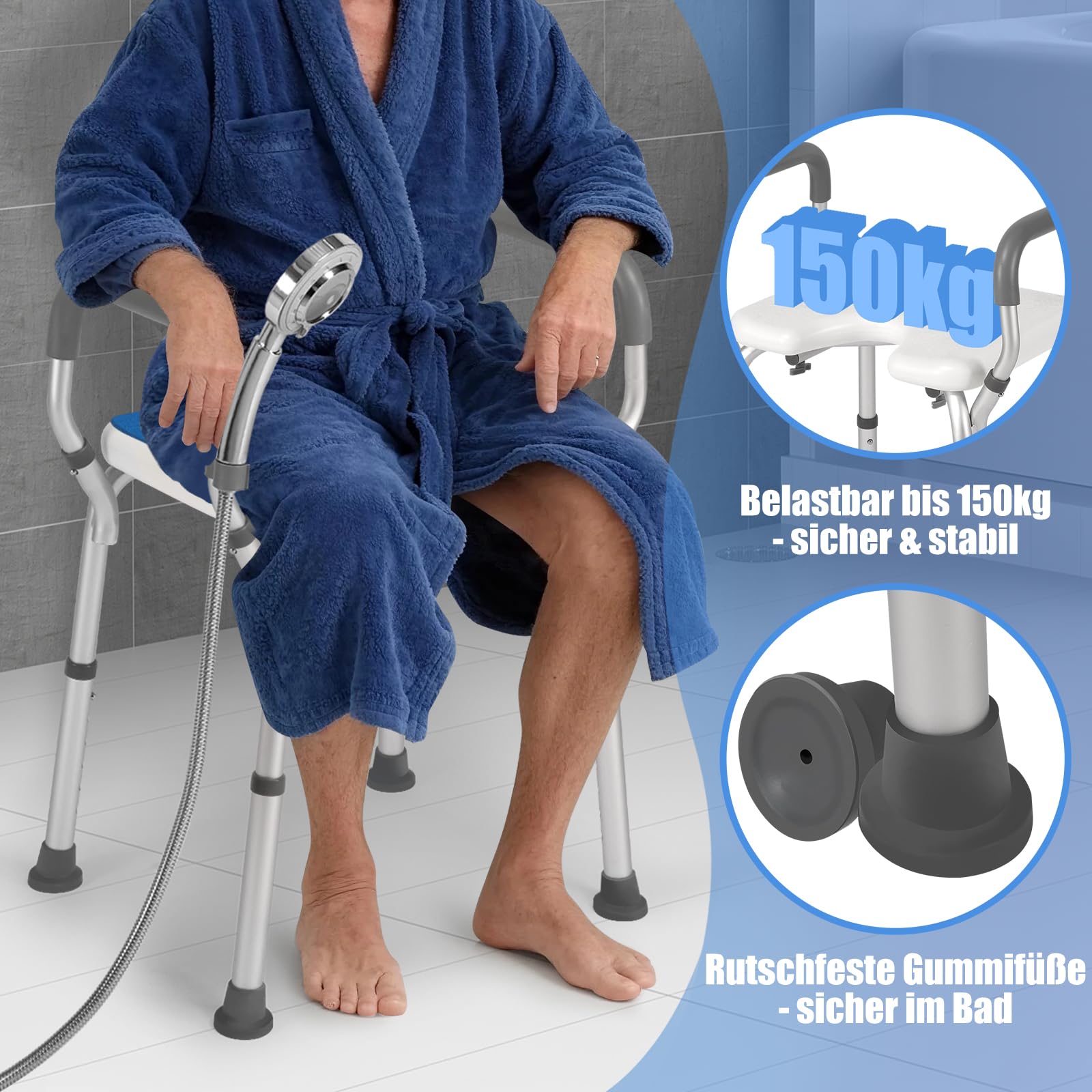 Duschhocker mit Armlehnen&EVA-Sitz,Duschstuhl höhenverstellbar als Badestuhl für Senioren,53cm Shower Chair extrabreit,Badhocker bis 150 kg belastbar,Duschhilfe werkzeugfreie Montage,Shower Stool