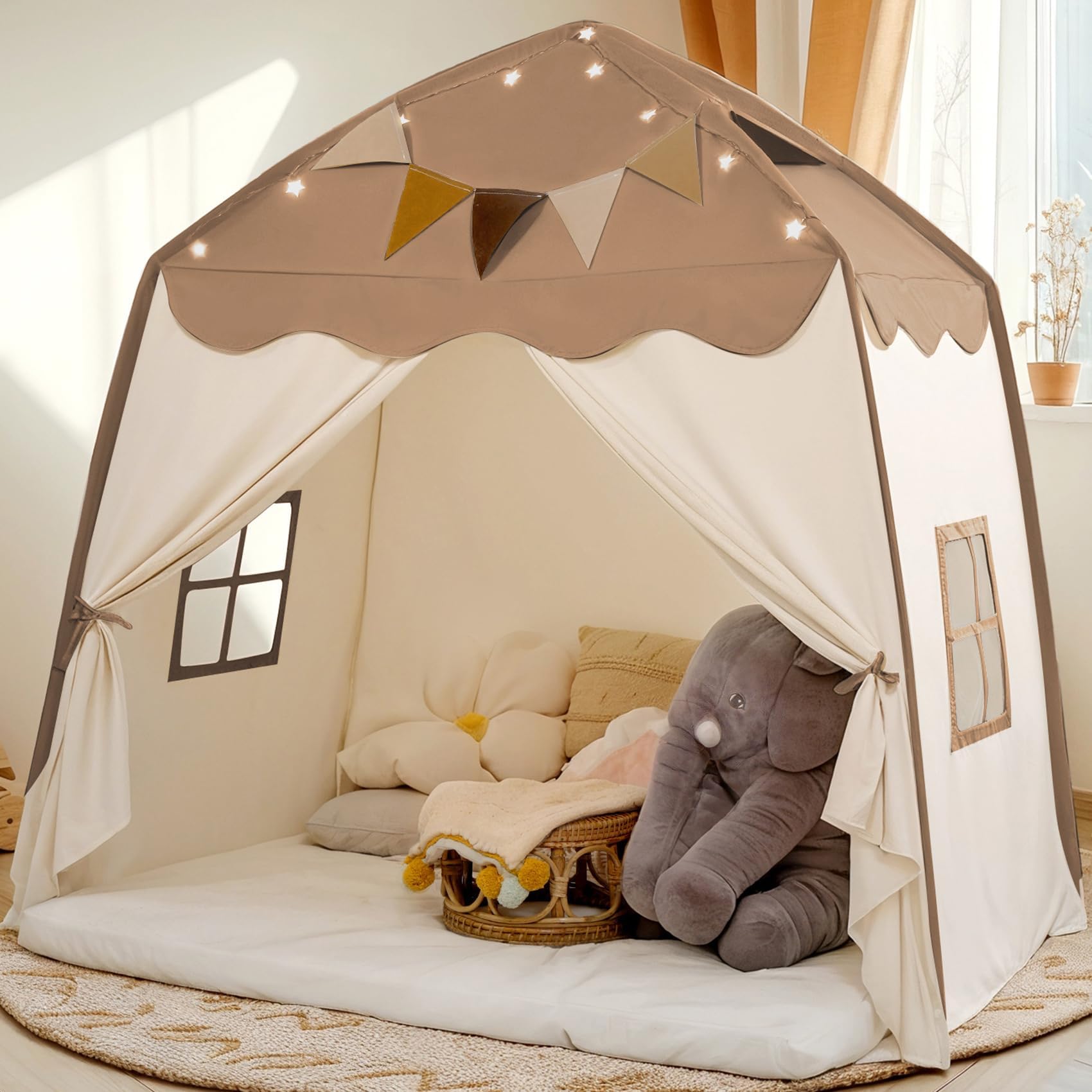 Little Dove Extra Large Kids Play Tent with Flags & Star Lights, Portable & Foldable Teepee, Bed Canopy for Boys & Girls, Indoor Outdoor JoyHut Dome Tent Playhouse, Birthday Gift, 59x39x59in, Brown
