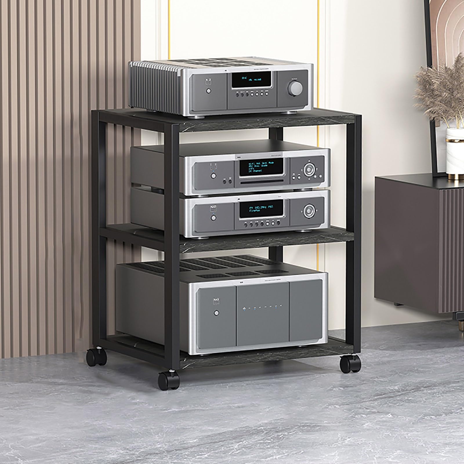Moderno supporto per dischi in vinile, console multimediale multistrato per l'intrattenimento domestico, camera da letto e soggiorno, elegante armadietto per componenti stereo e supporto per