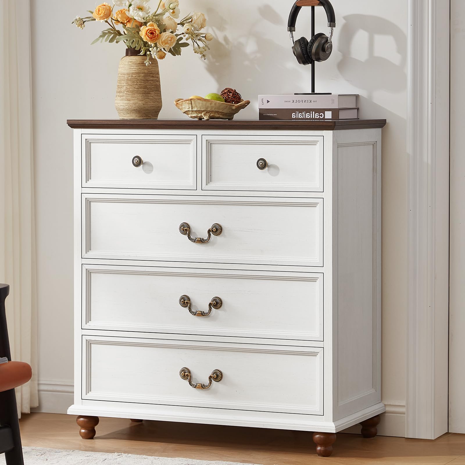 Joaxswe Farmhouse 5 Drawer Dresser for Bedroom, 35" Tall Rustic Chests of Drawers w/ 4 Solid Wood Feet, Mid Century Modern Wooden Closet Storage Dressers Organizer for Living Room, Hallway,White