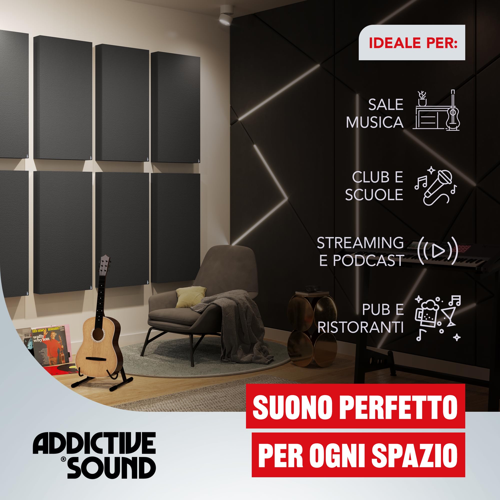 Addictive Sound pannello fonoassorbente da parete Standard, qualità studio con lana acustica, Classe A, prodotto nell’UE, kit muro/soffitto, pannello murale decorativo, 100x50x11 cm, 7 kg, Graphite