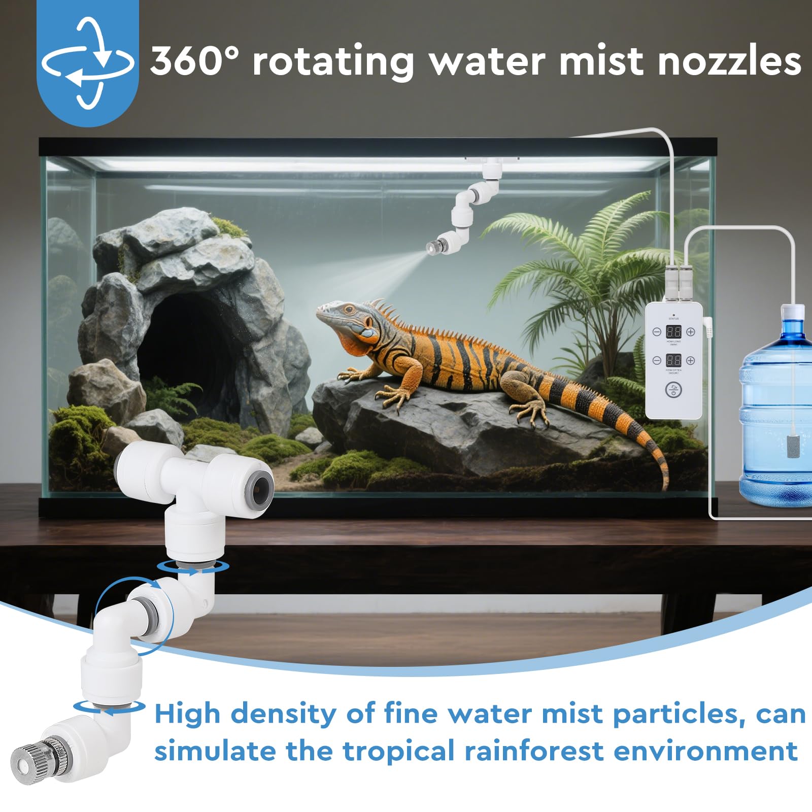 CPROSP Sistema de Riego de Terrario, Humidificador de Reptiles con Temporizador y Cabezal Ajustable de 360°, Nebulizador Reptiles para Reptiles, Anfibios, Plantas y Flores