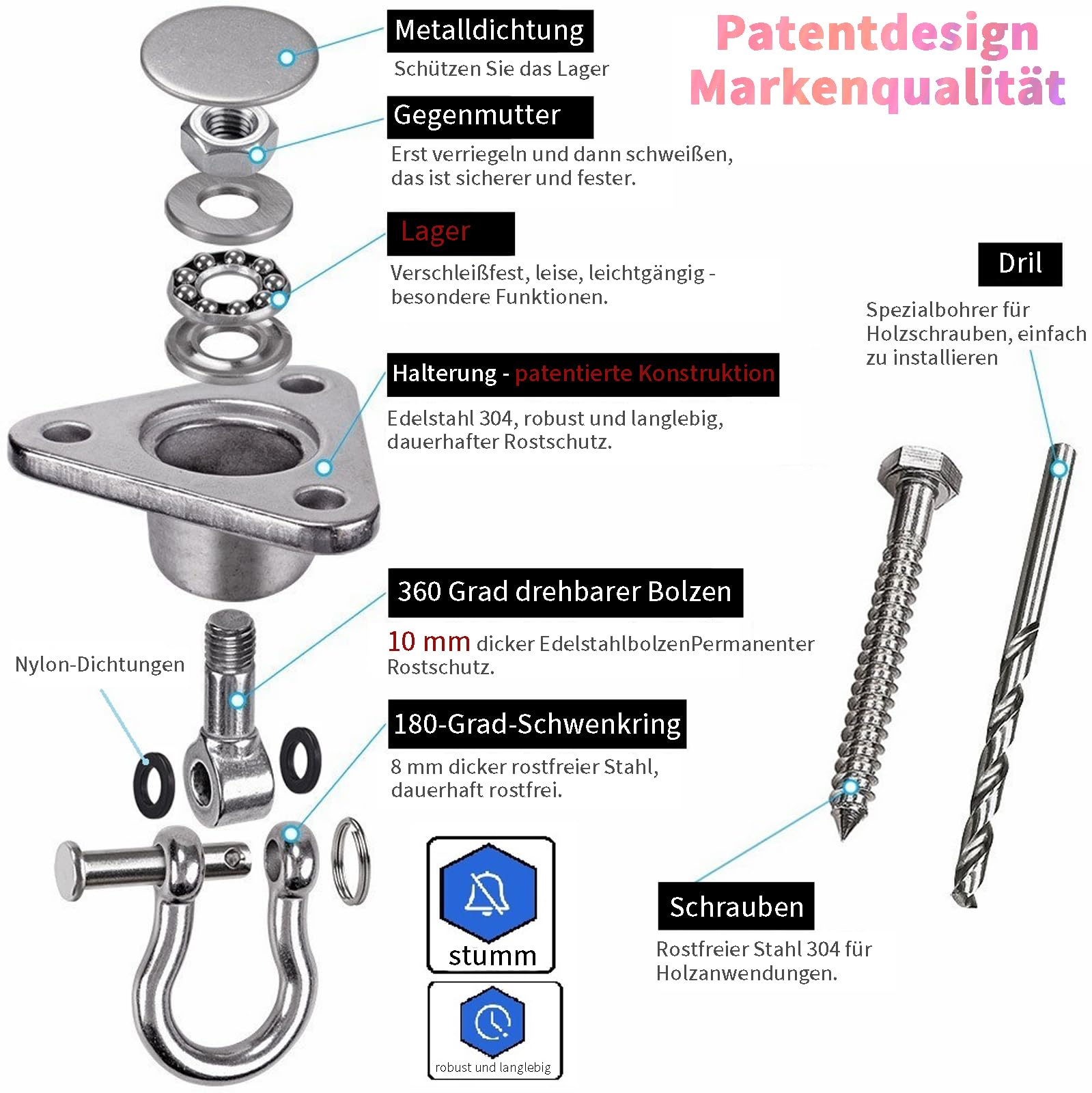 Edelstahl Deckenhaken Schwerlast, 360°Drehbar Schaukelhaken mit Lager, 680KG Kapazität Deckenhalterung Deckenhaken Holzbalken hängematte Befestigung für hängesessel, Schaukeln,Yogatuch, Boxsack