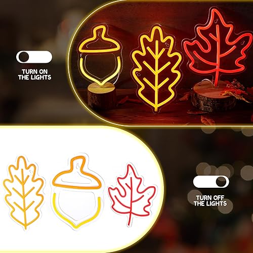 Miniatura 5 de ROCEEI 3 letreros de neón de otoño, hojas de arce, bellota de neón, luces LED de Acción de Gracias, barra de pared USB, decoración de sala de estar,