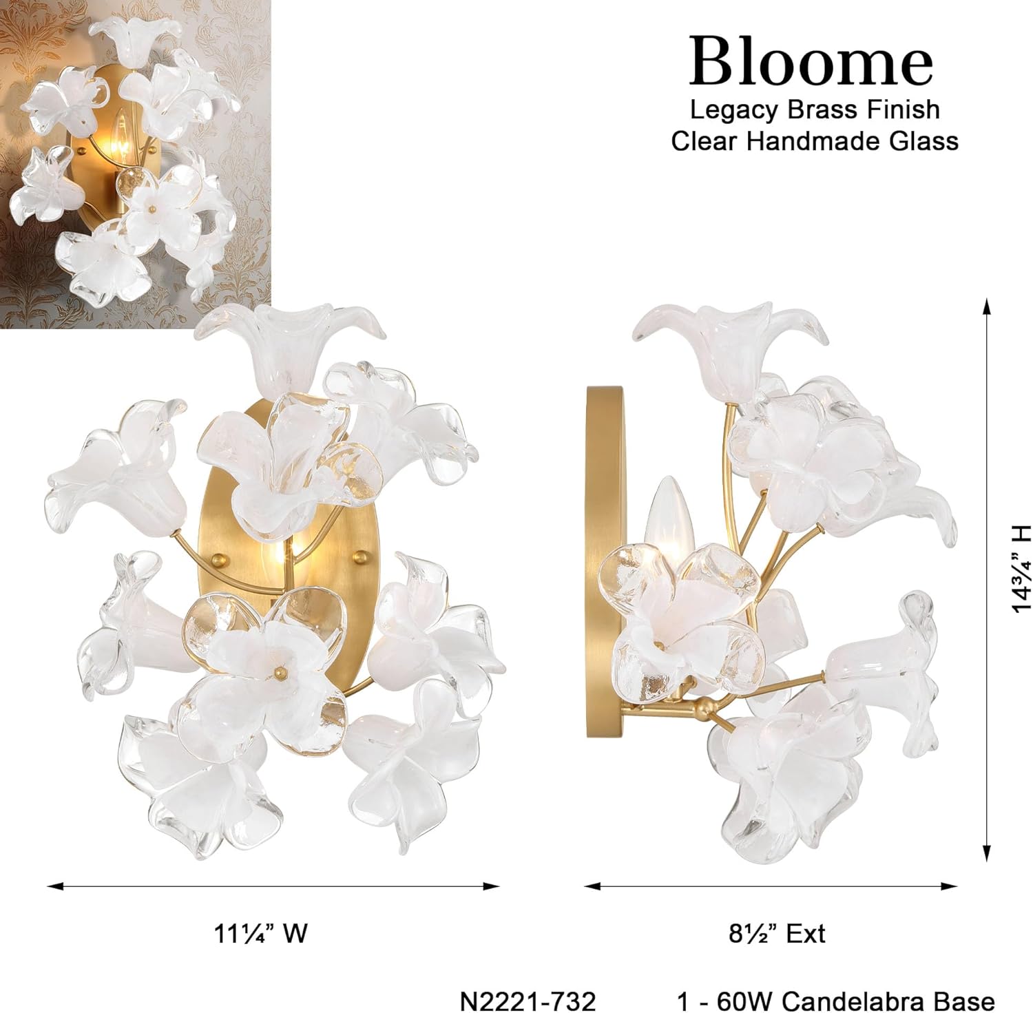 Metropolitan N2221-732 Bloome 15" Tall Wall Sconce - Legacy Brass with Handmade Glass