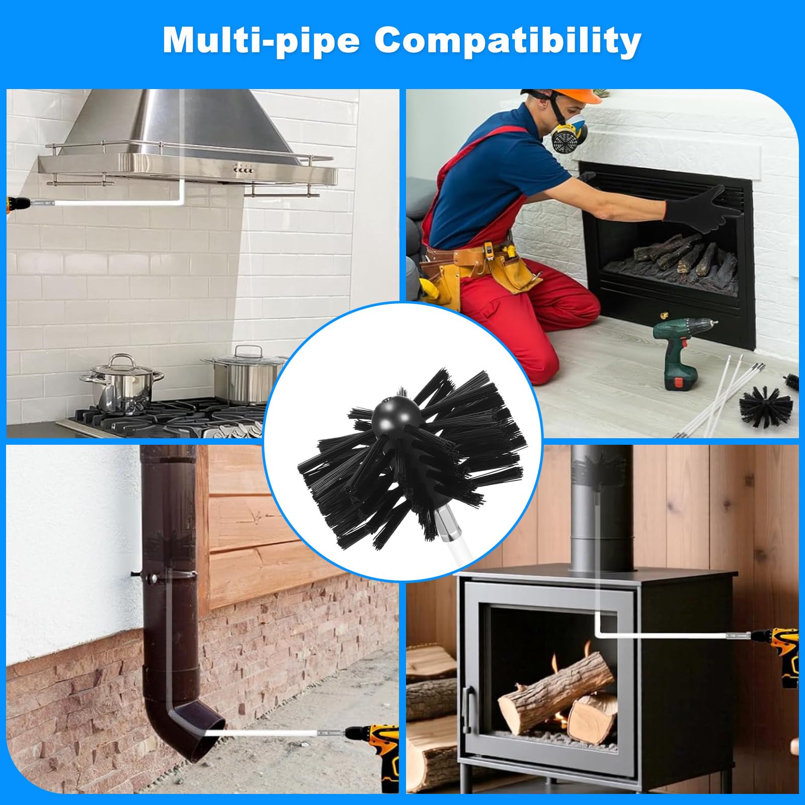Kit Pulizia Canna Fumaria 23 Pezzi con 3 Teste Spazzola, 15 Aste Spazzole Flessibili 410mm, Scovolo Camino