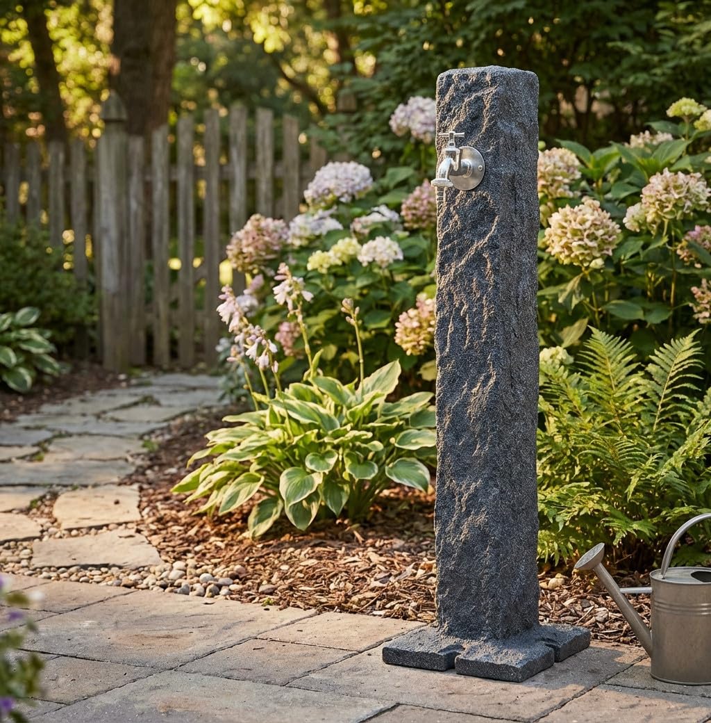 Fuente de Jardin Decorativa Granito Oscuro Imitación Piedra + Grifo, Altura 100 cm | Fuente de Agua Suelo para Decoración Exterior | Decoracion Patios y Terrazas