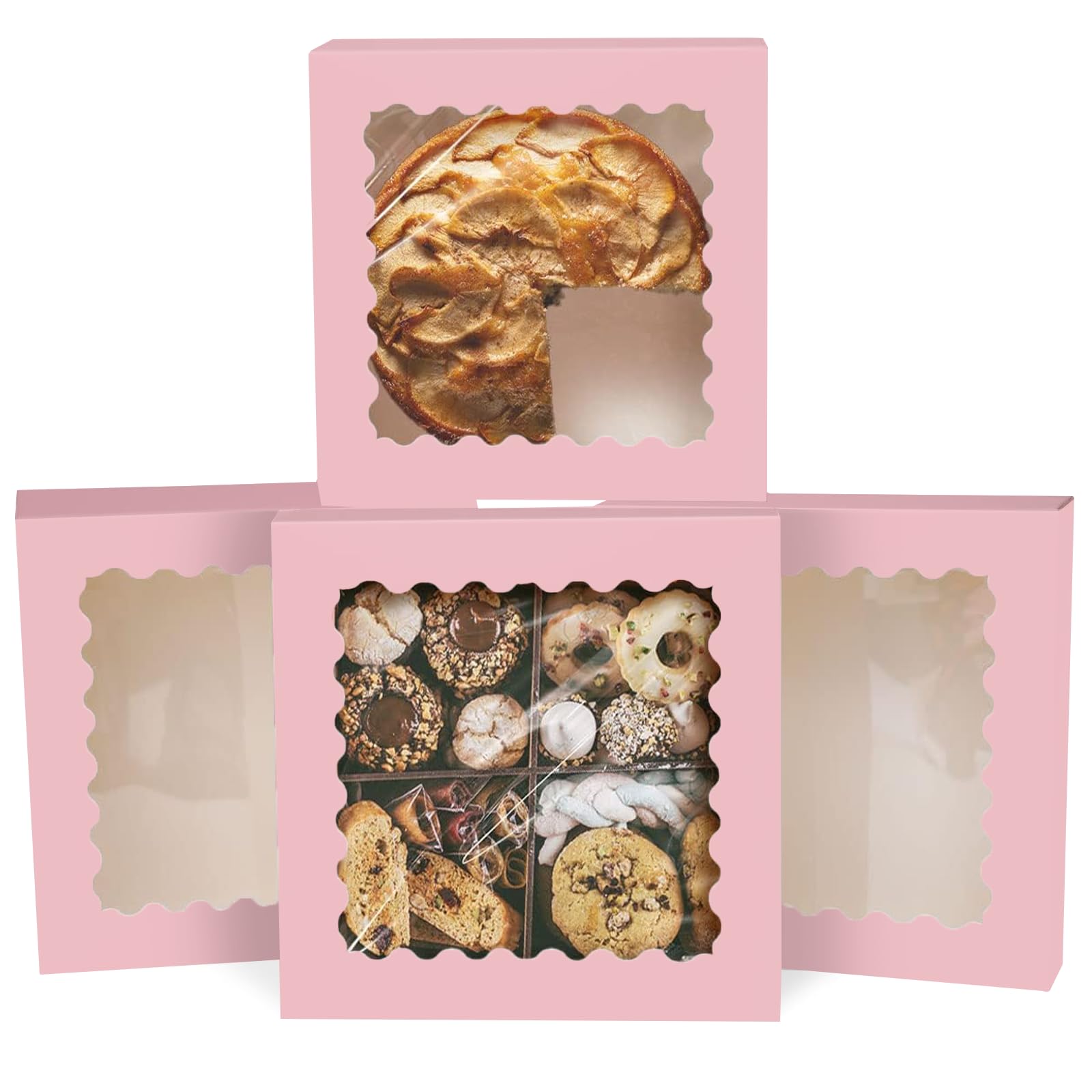 Gcardist Auto-pop Up Pink 25.4x25.4x6.4cm 20Pcs Cookie Box with Window Pastry Macaron Bakery Box For Packaging (10x10x2.5 inch)