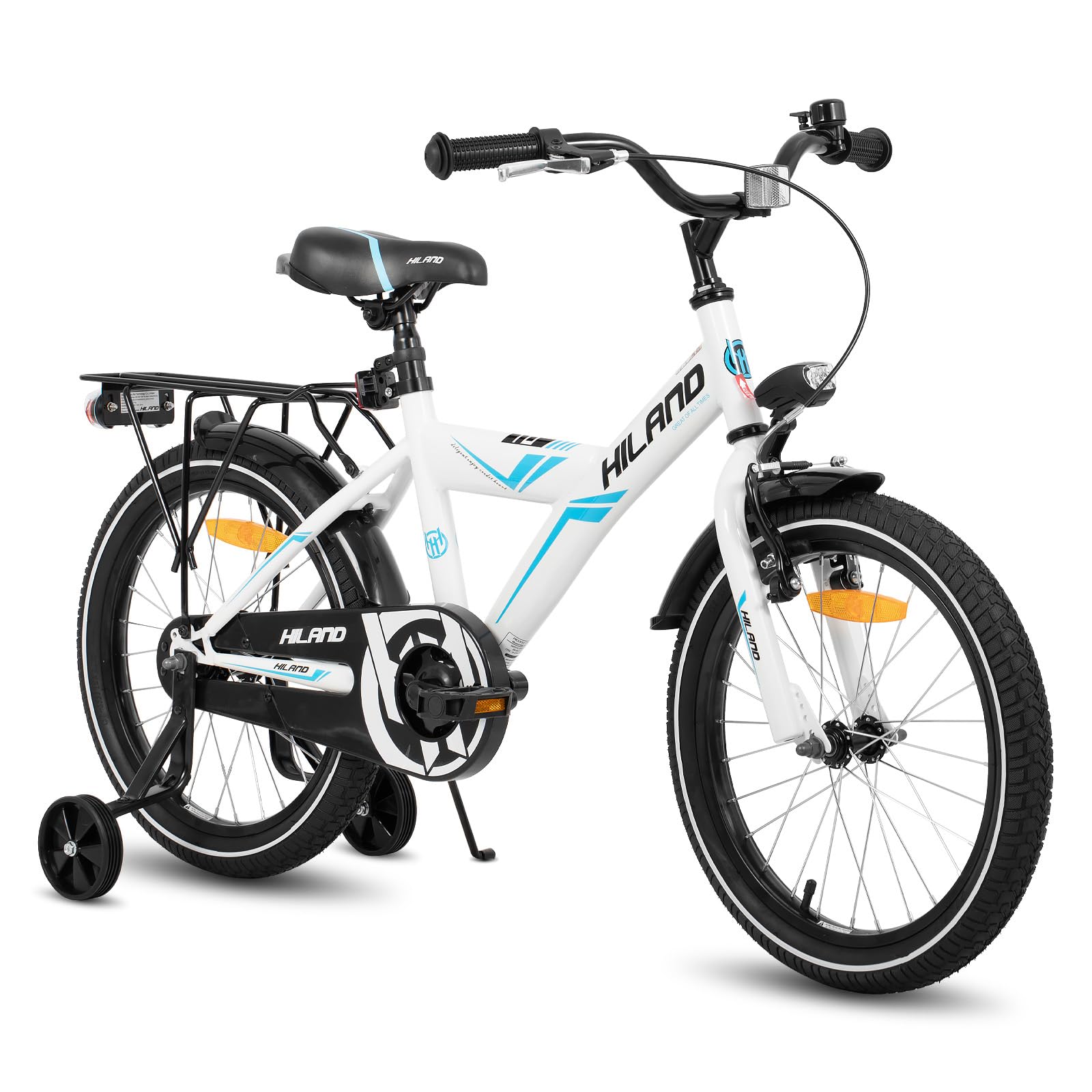 HILAND 16/18/20 Zoll Kinderfahrrad Mountainbike Kinder MTB für Jungen und Mädchen ab 4 5 6 7 8 9 Jahren Licht Gepäckträger Stützräder/Ständer, Schwarz/Weiß