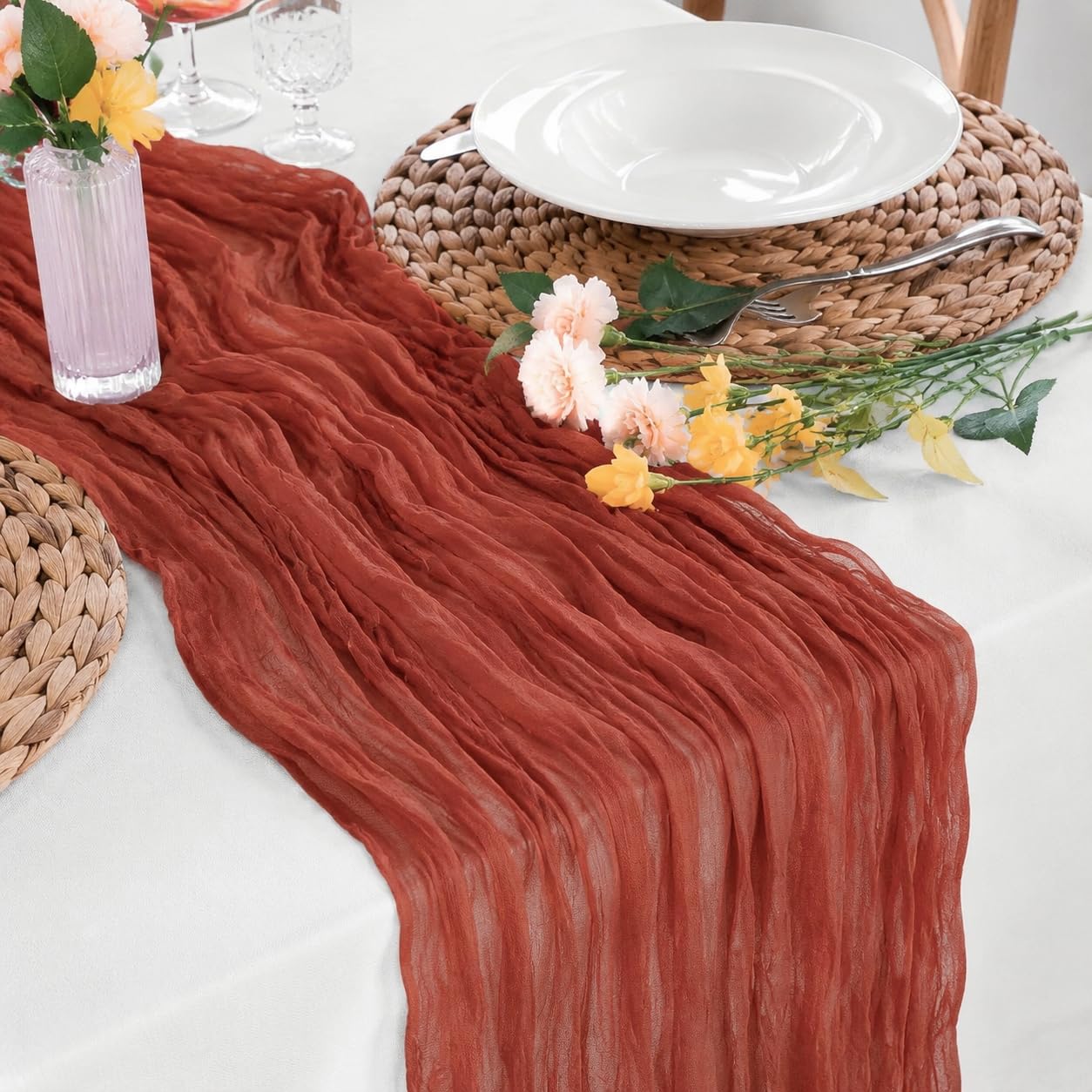 Cheesecloth Table Runner Terracotta,90x300cm(35"x118") Gauze Rustic Fabric Boho Table Runner for Wedding Bridal Baby Shower Birthday Festive Home Party Table Decorations