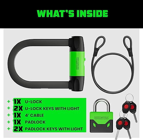 Miniatura 5 de Rhino USA Juego de candado para bicicleta  Cerradura en U antirrobo resistente, cable de seguridad de acero de 4 pies, candado, 4 llaves iluminadas.