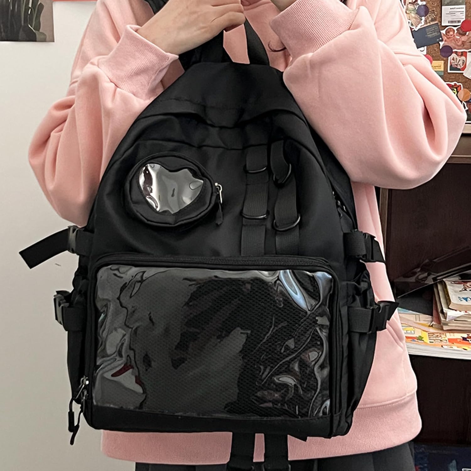 Backpack for Men Travel Women Work Hiking Casual Daypack Backpacks Teens Girls Boys Kids BookBag,Anti Theft Carry On Clear Backpack,Cute Ita Bag with Pin Display Adjustable Strap Black - Image 2