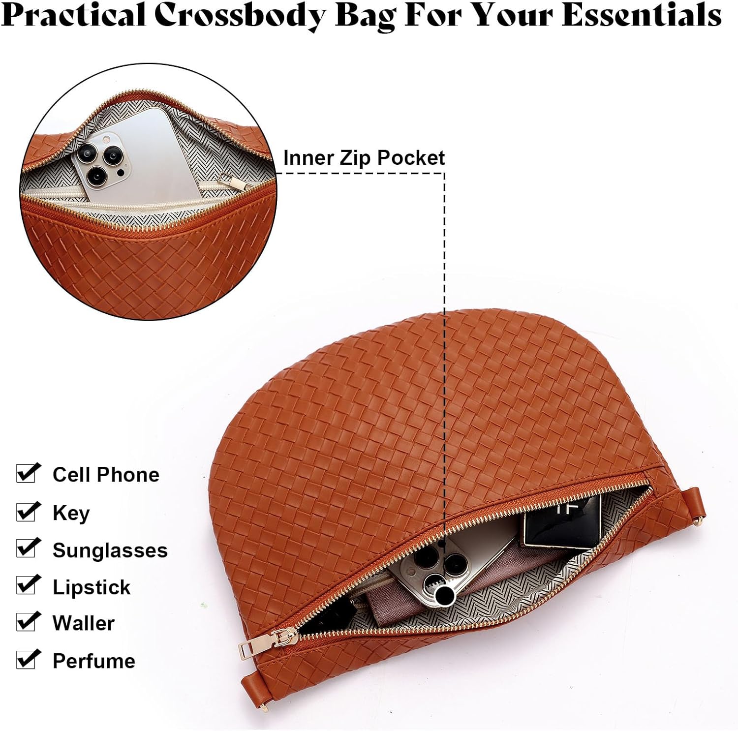 Woven Crossbody Bags for Women Leather Belt Bum Sling Purse Fanny Waist Pack Chest Shoulder Bag for Women-Brown - Image 5