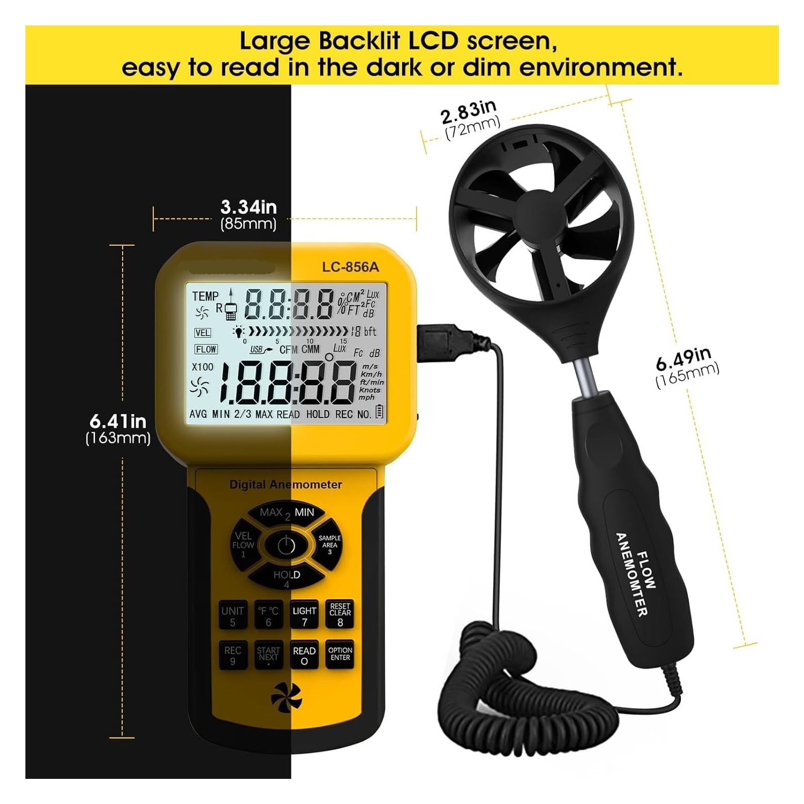 Medidor LC-856A CFM, anemómetro HVAC, medida manual, temperatura de velocidad del flujo aire, medidor viento con luz fondo, MAX MIN AVG for navegar(856A)