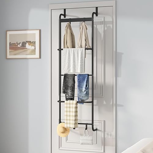 Miniatura 5 de Toallero de 5 Niveles para Puerta de Baño, Soporte de Toallas para Secar Toallas Húmedas, Soporte de Ropa con Ganchos (Negro, 5 Niveles)