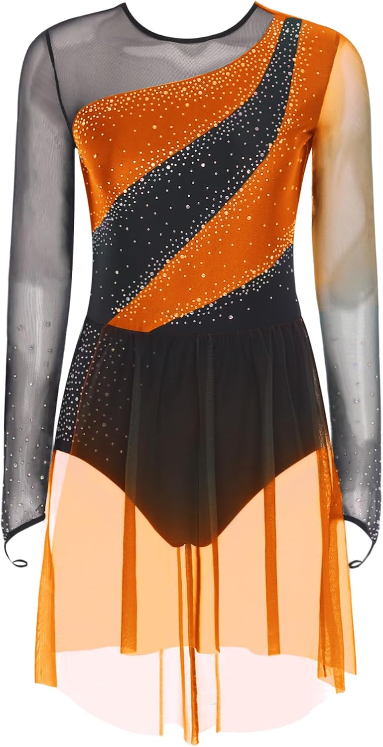 FEESHOW Women's Lyrical Dance Dress Figure Skating Dress Dancewear | Color Block, Shiny Rhinestone, Sheer Mesh, Flowy Tulle Skirt Leotards, Dance Studio, Recitals