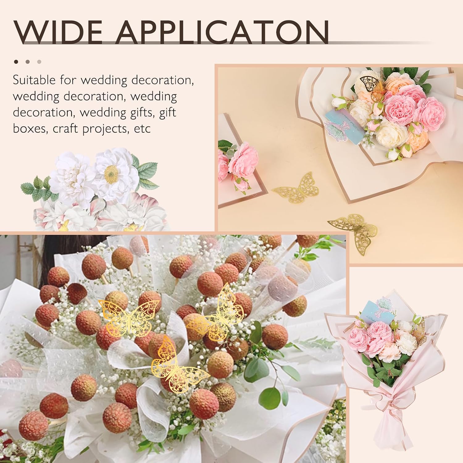 20 Sheets Flower Wrapping Bouquet Paper Floral Wrapping Paper Waterproof with 10 Pcs Greeting cards, 12PCS 3D Gold Butterfly Decor, 50 pearl pins, 24Yards Satin Ribbon for Wedding DIY Craft Birthday thumbnail