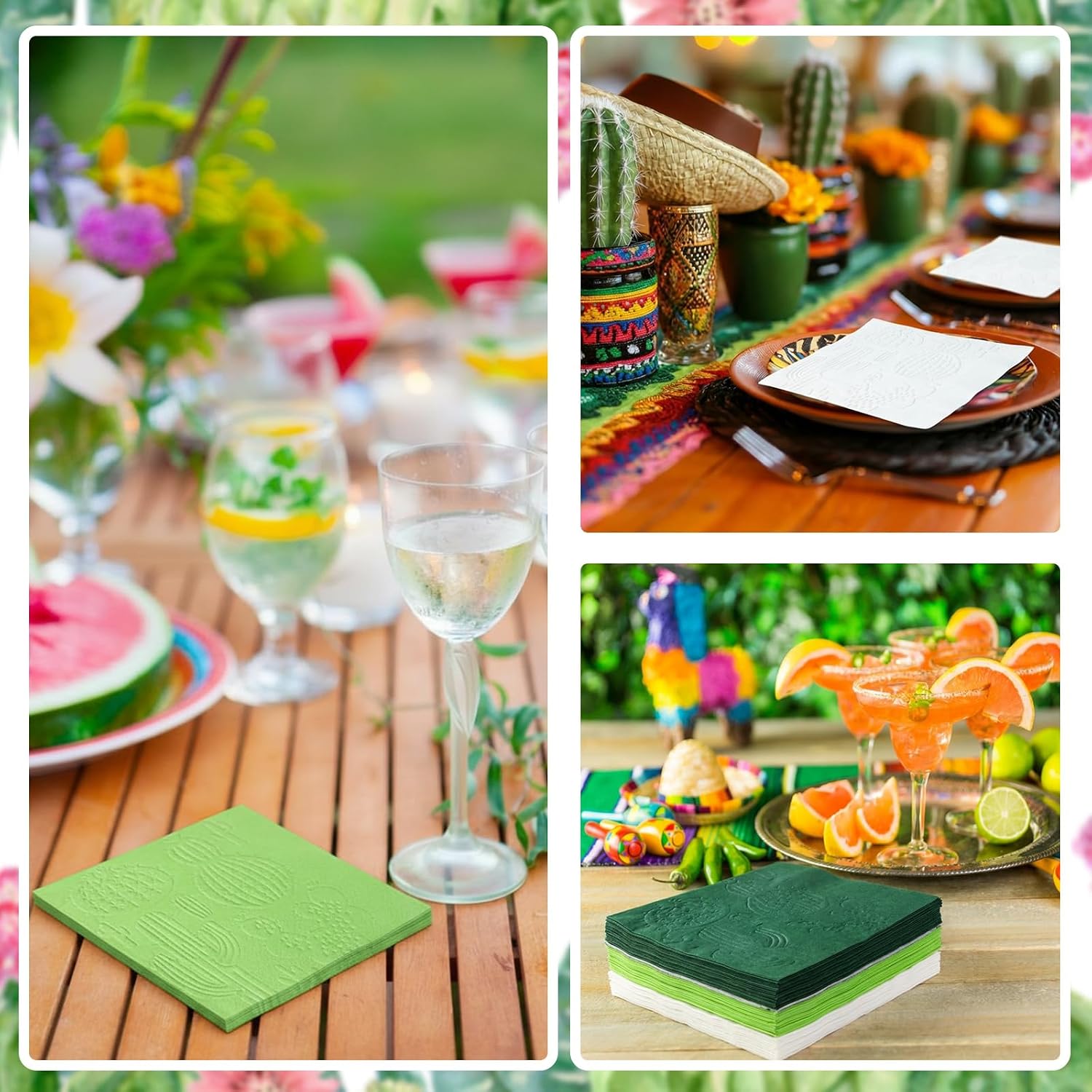 Resurhang 100 Pack Cactus Napkins Embossed 5" x 5" Mexican Fiesta Napkins 3 Color Disposable Southwest Dinner Cocktail Luneon for Cinco de Mayo Summer Taco Party Baby Shower Birthday Party Supplies