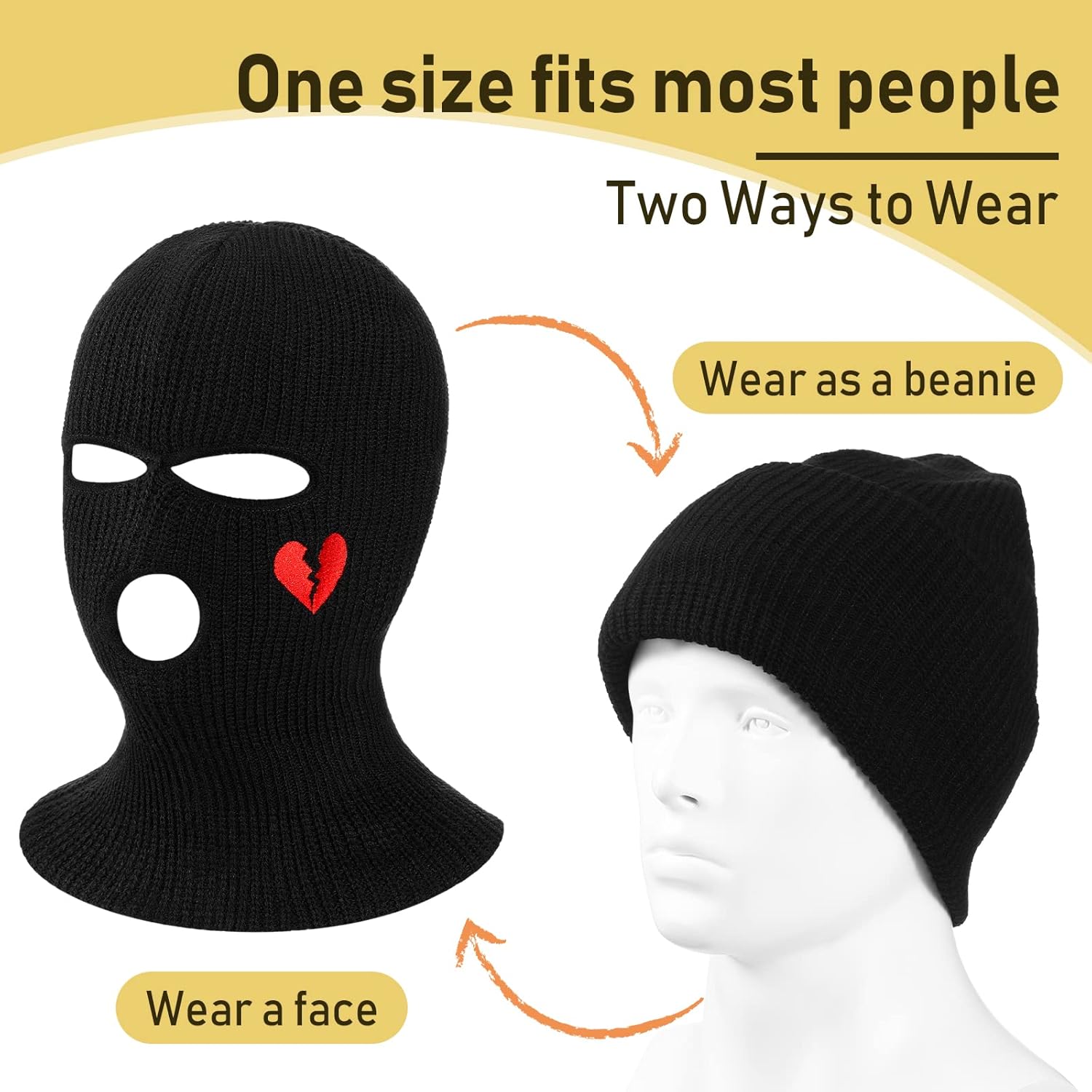 Bencailor 2 Pcs 3 Hole Ski Mask with Design Winter Knitted Mask Warm Balaclava 3 Hole Full Face Cover for Women Men Outdoor(Black,Heart Style) - Image 3