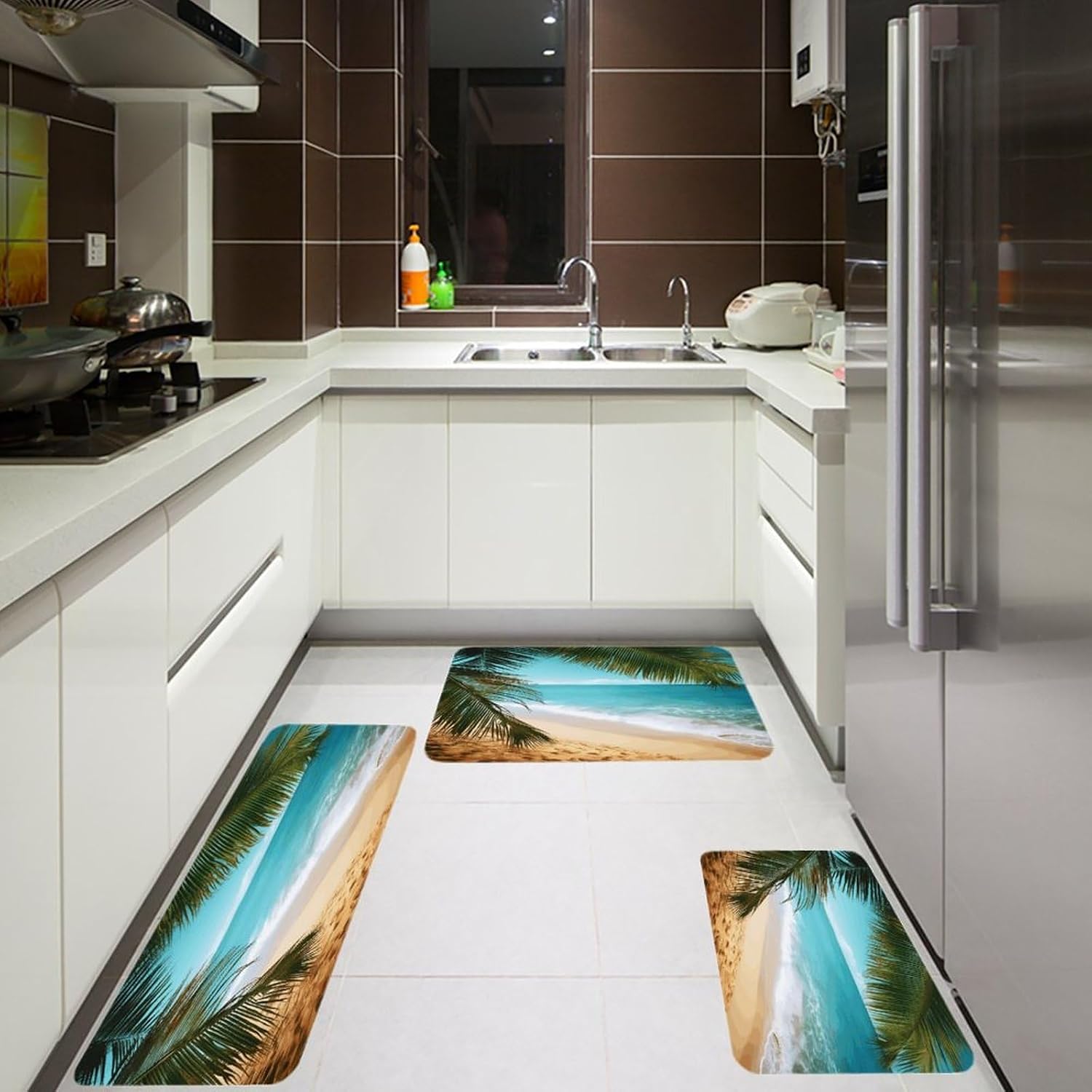 Ocean Sea Beach Palm Leaves Kitchen Rugs Sets of 3 Washable Non Slip Kitchen Rug Water Resistant Carpet Piece Anti Fatigue Kitchen Mats Soft Comfort Standing Mat Modern Area Rug