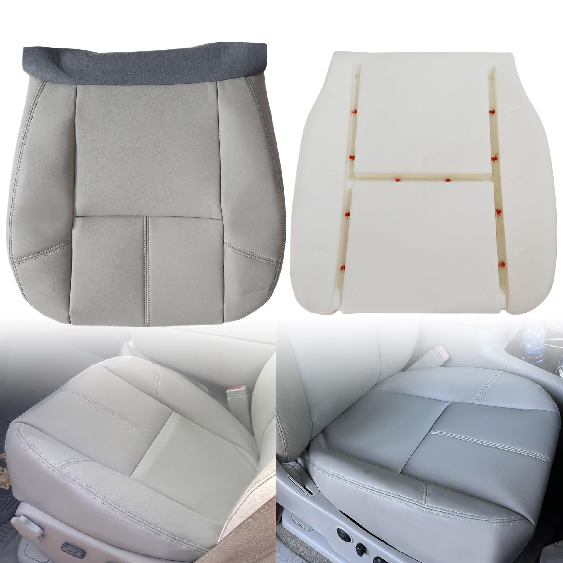 GXARTS Driver Side Bottom Lower Replacement Leather Seat Cover Gray and Driver Foam Cushion Pad Fit for Chevy Tahoe Suburban Avalanche Silverado GMC Sierra Yukon 2007 2008 2009 2010 2012 2013 2014
