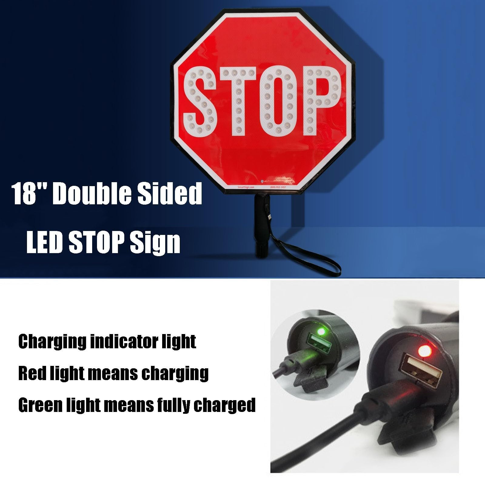 Señal LED Stop Slow Paddle de 18 pulgadas con cuentas LED de alto brillo, señal de control de tráfico reflectante recargable para construcción y banderas