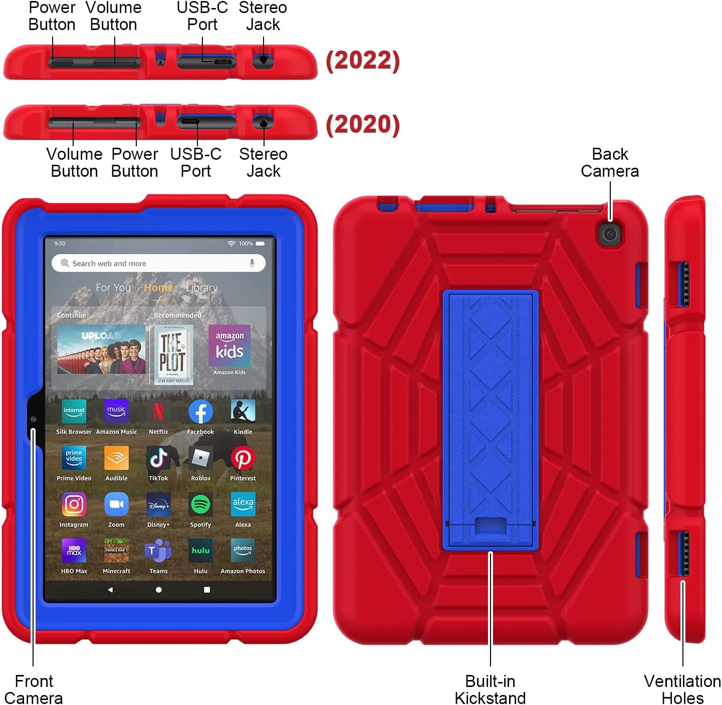 Grifobes Case [Only for 2024/2022/2020 Released 14th/12th/10th Generation] Kindle Fire HD 8/8 Plus, HD 8 Kids/Kids Pro Tablet, 3-in-1 Heavy Duty Protective Cover with Stand for Boys Children