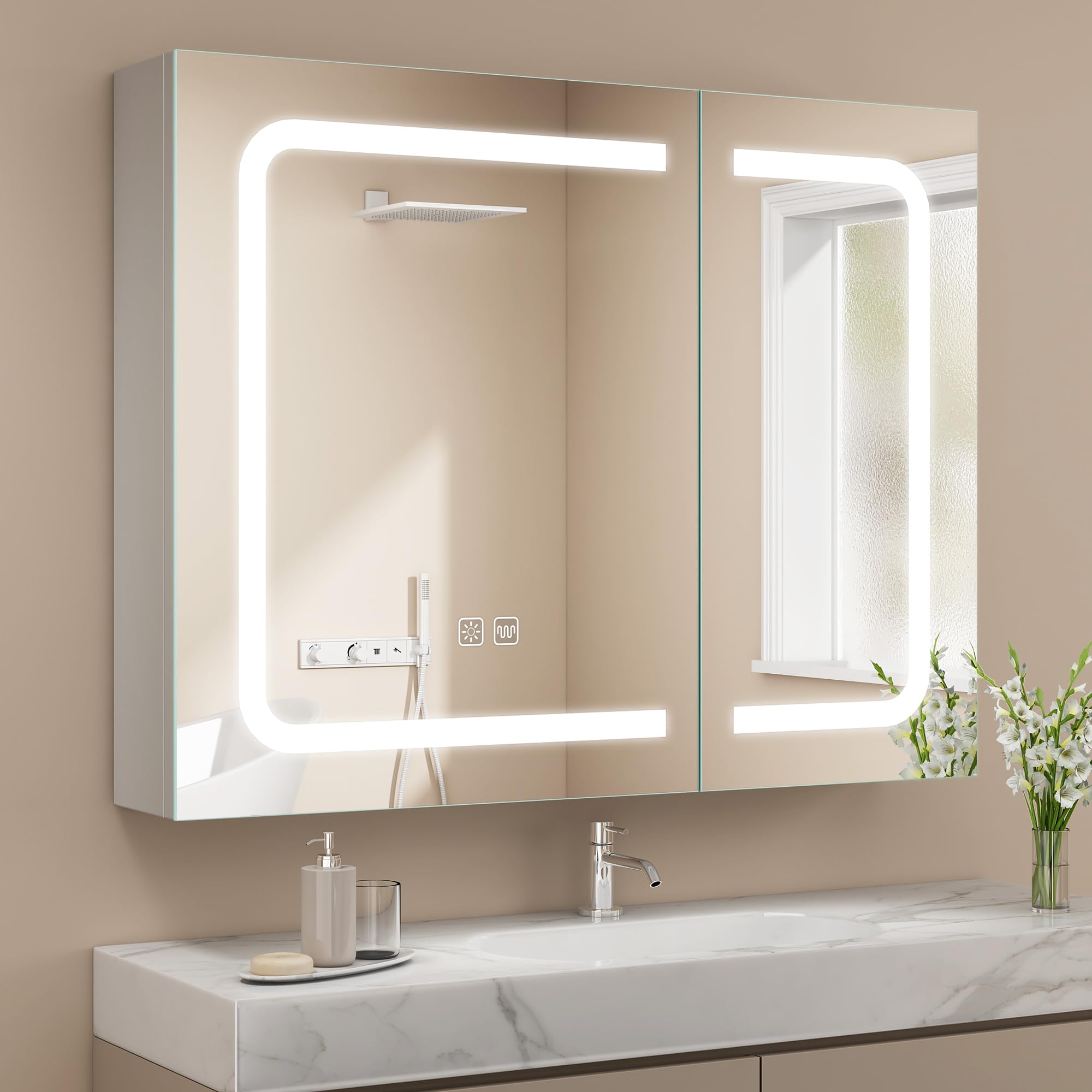 STARLEAD Armario-Espejo-Baño-con-Luz y Enchufe 80 X 60 CM, Armario-Baño-Espejo con Regulable, 3 Colores Luz, Antivaho, 2 Puertas LED-Mueble-Espejo-Baño, HD Vidrio Templado, Blanco