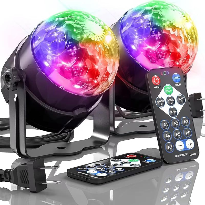 [2-Pack] 7 Modes LED Disco Ball DJ Party Lights | Sound Activated with Remote Control Strobe Stage Light for Home Room Dance Party Karaoke Halloween Christmas Birthday