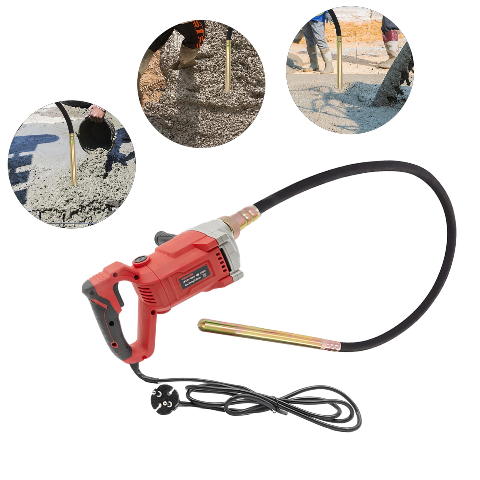 Vibratore elettrico per calcestruzzo, 1100 W, 220 V, per calcestruzzo, portatile, con asta ondulata da 6,6 FT/2 m, per diverse strutture in calcestruzzo, rosso