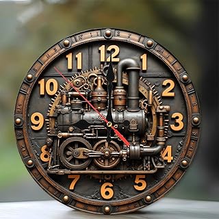 Lancholy Steampunk Train Clock Wall Decor Vintage Gear 10-Inch Wooden Wall Clock, Silent Movement, Battery Operated (AA Batteries Not Included), Artistic Home Decor, Perfect for Home Accents