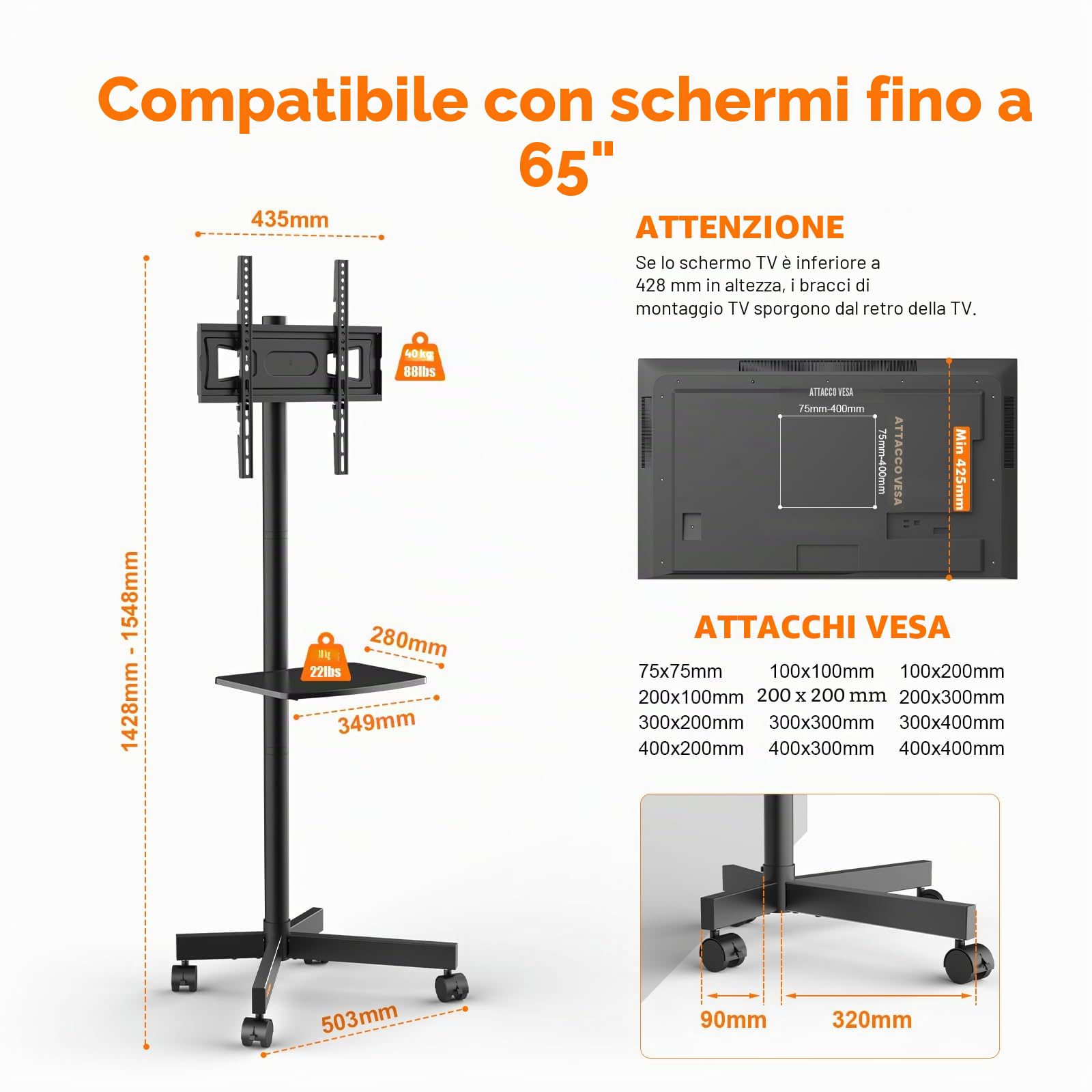 GRIFEMA Supporto TV su ruote per TV fino a 65 pollici | Per TV plasma, LCD e LED, con ripiano per laptop, fino a 40 kg, max VESA 400x400mm