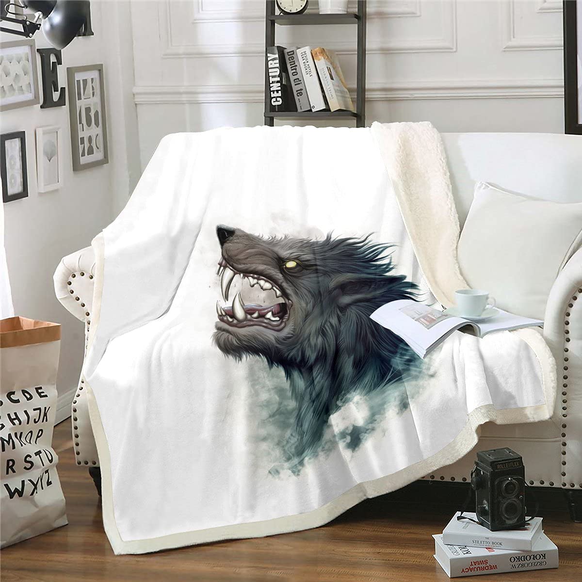 Couverture en peluche loup sauvage pour canapé et lit - Plaid chaud sherpa