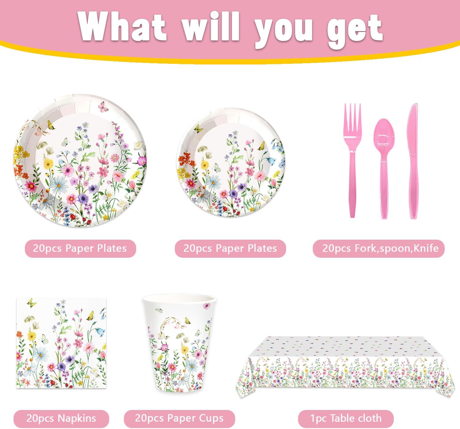 141Pcs Wildflower Party Decorations Garden Floral Themed Birthday Party Supplies with Plates Napkins Cups Knives Forks Straw Tablecloth Set for 20 Guests - Image 2