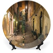 6 Inch Decorative Plate,Italian Decor Porcelain Plate, Old Courtyard in Rome Italy Cafe Chairs City Print Ceramic Display Plate for Decorative Ornaments Giving Plates, 1 Plate with 1 Display Stand