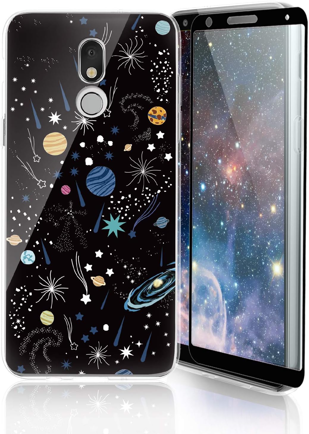 TJS Phone Case Compatible with LG Aristo 4,Aristo 4 Plus +,Escape Plus,K30 2019,Arena 2,Tribute Royal,Journey LTE,[Full Coverage Tempered Glass Screen Protector] Color Design Transparent (Universe)