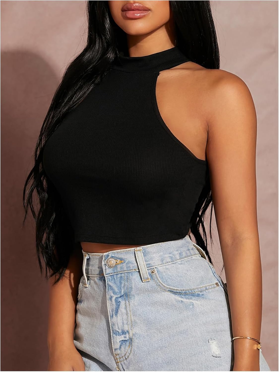 Floerns Women's Casual Sleeveless Tank Top Halter Neck Rib Knit Slim Fit Crop Tops - Image 3