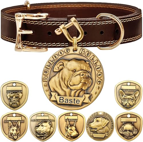 Collar de perro de cuero genuino+juego de placa de perro Bulldog en relieve 3D