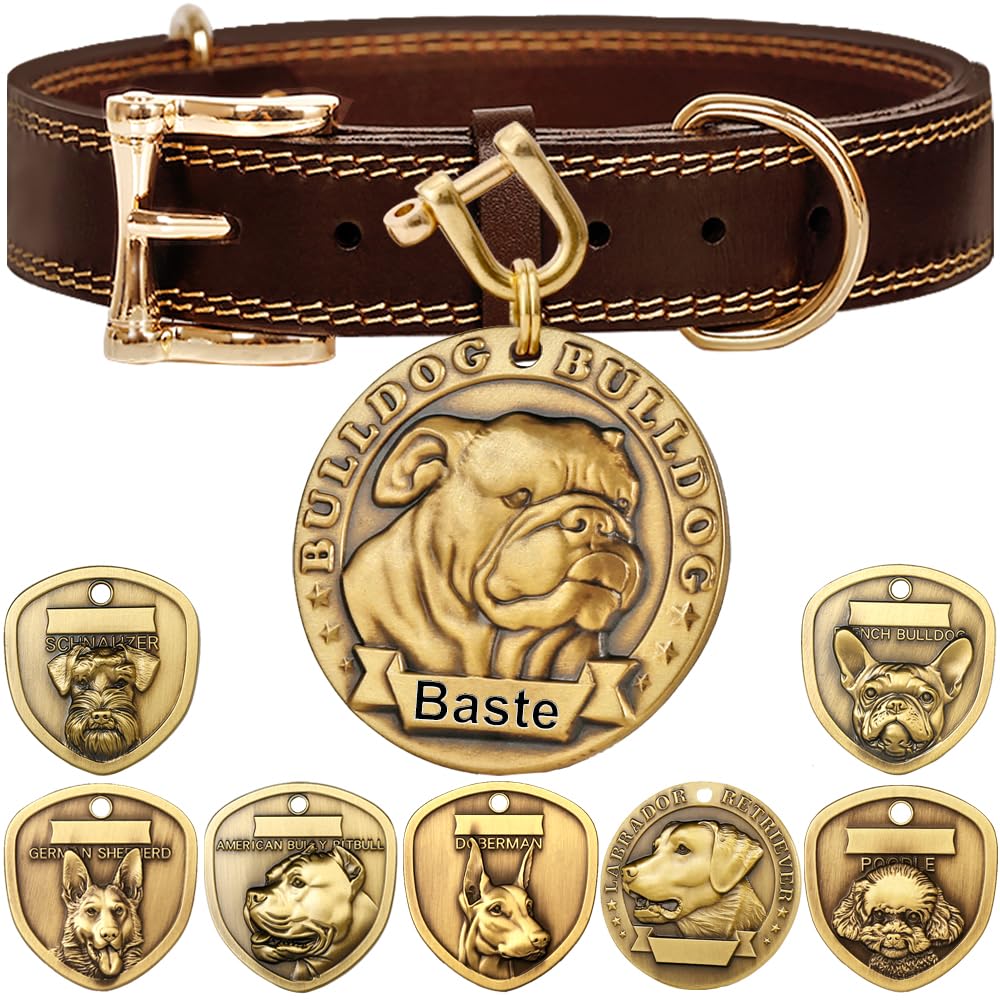 ZQDJ Genuine Leather Dog Collar+3D Embossed Bulldog Dog Tag Set（S-M）