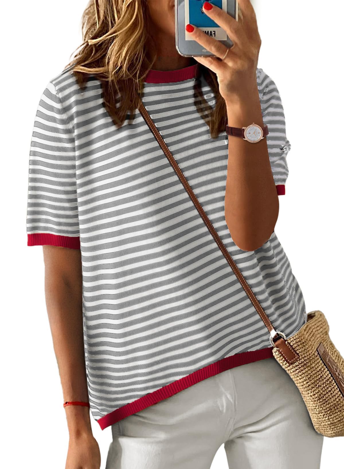 PASUDA Kurzarm T-Shirt Damen Sommer Casual Rundhals Strickpullover Oberteile Bequem Lose Gestreiftes Tshirt Damen Bluse Top