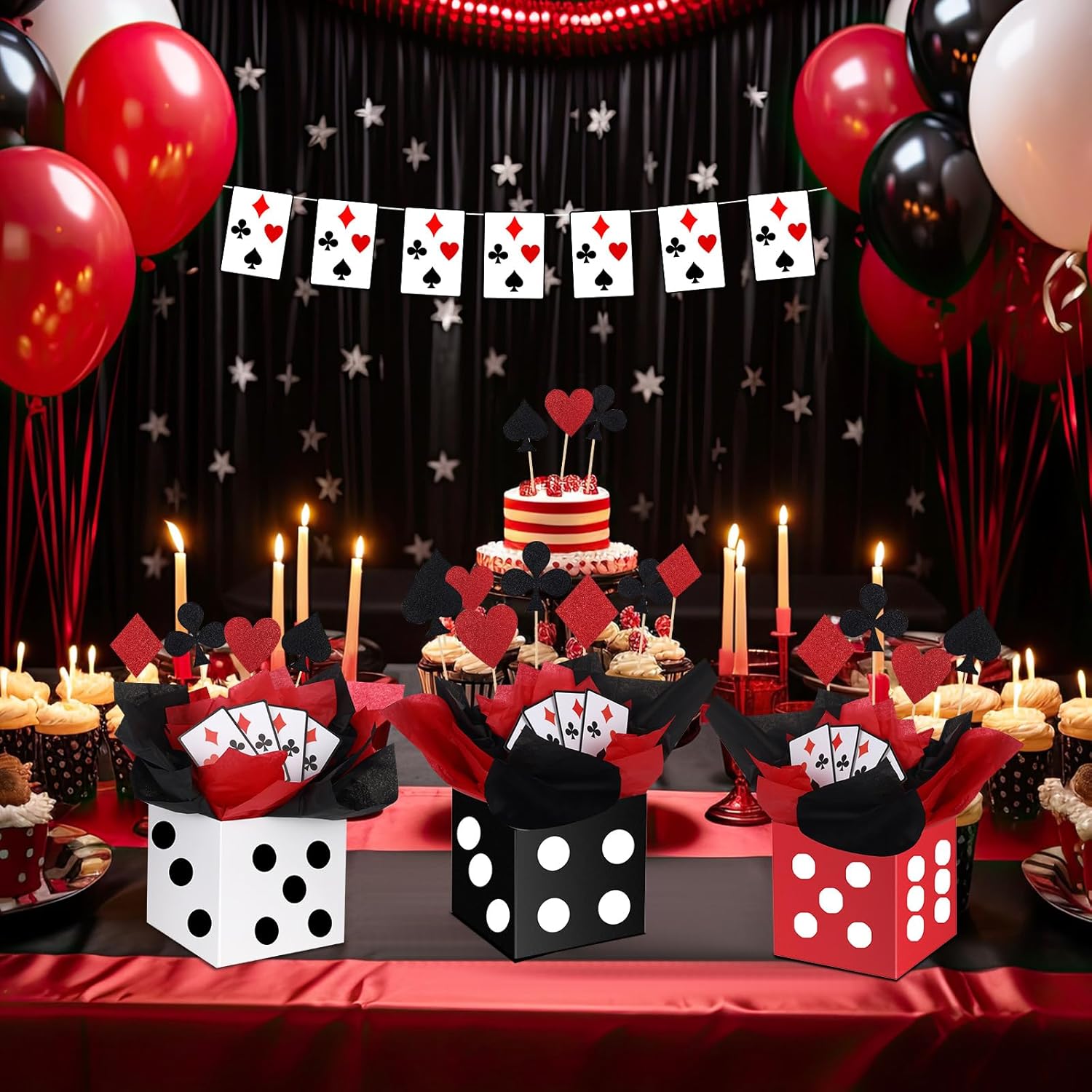 WinnerWhy 12 Sets Casino Theme Party Decorations Dice Centerpieces for Tables Casino Night Table Party Toppers with White, Black, Red Dice Box Poker Cutouts and Sticks for Graduation Birthday Decor