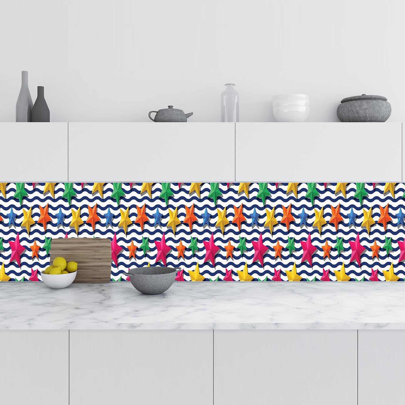 Mutfak Tezgah Arası Folyo Fayans Kaplama Folyosu Renkli Yıldızlar 60x300 CM