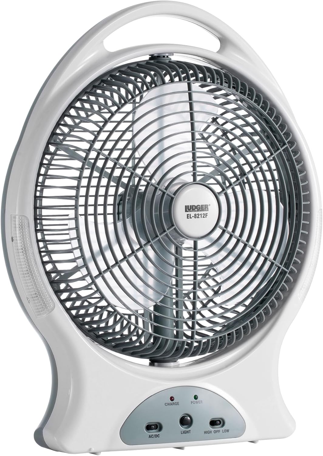 LUDGER 12" Rechargeable Fan with LED Lights (EL-8212F), Portable, Long Battery Life, 2 Speeds, USB Charge, Carrying Handle, 80 Degree Oscillation, Quiet Cooling, Hunting, Camping, Survival Gear