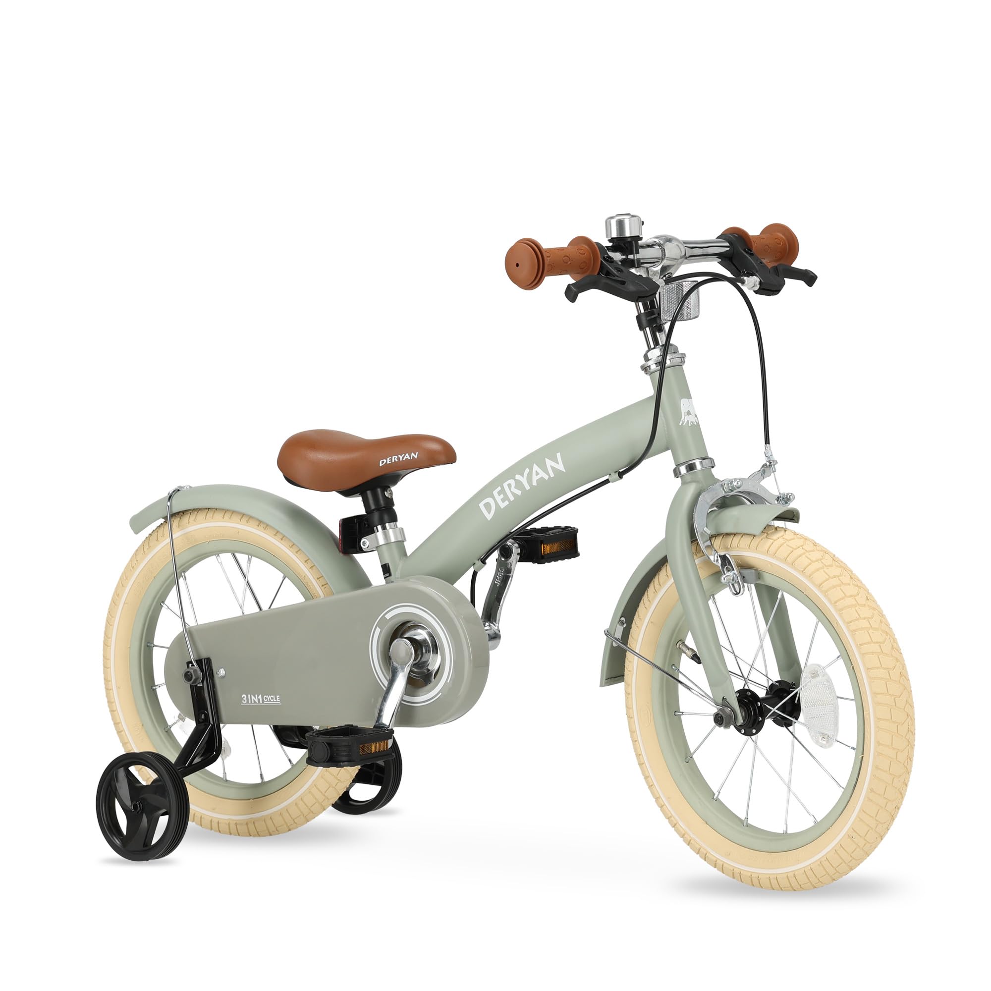 DERYAN Kids Children's Bicycle 14 Inch | 3 in 1 Balance Bike | Bicycle with Adjustable Saddle and Handlebars | Children's Bicycle for Boys and Girls | Green