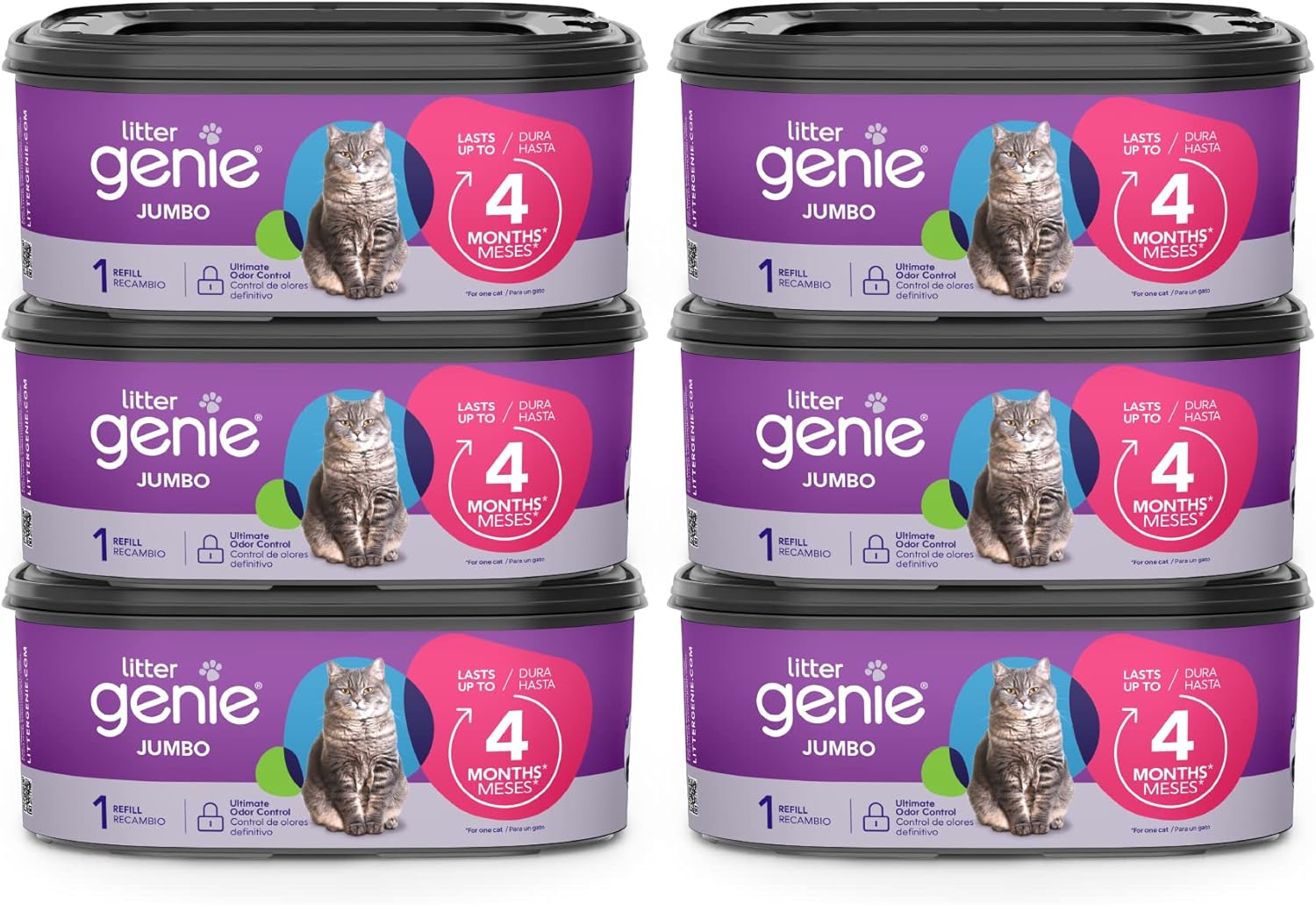 Litter Genie Refill Bags | Jumbo 6-Pack 168 total ft | Up to 24 months of supply in 6 cartridges | Ultimate Odor Control Cat Litter Bags