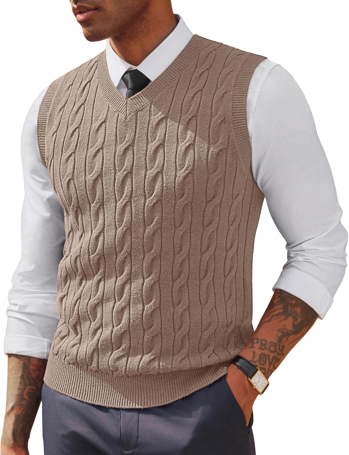 – Men's Sweater Vests V Neck Cable Twist Knit Sleeveless Vests Casual Pullover Sweaters