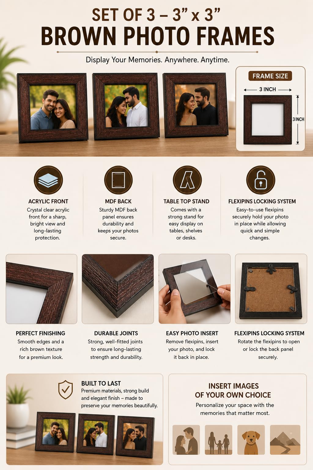 Square Photo Frames - Set of 3 Brown -3