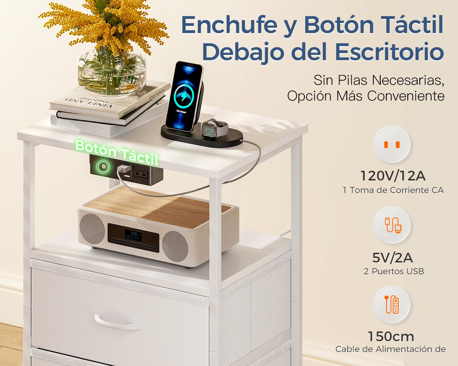 Coleshome Mesitas de Noche Blanco, con Enchufe, 2 Puertos USB y Tira de Luces LED, Mesita de Noche con 3 Cajones de Tela y 2 Espacio de Almacenamiento, 40 x 30 x 70 cm, 1 Paquete