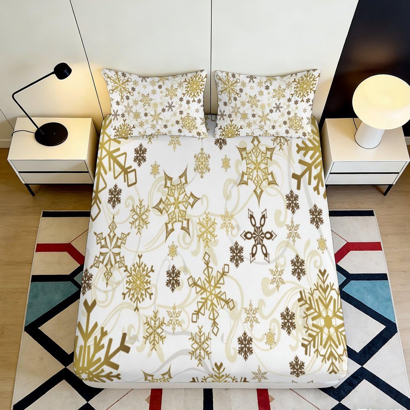 3D Printed Golden Snowflake Fitted Sheet Microfiber Soft Breathable White Snow Pattern Mattress Cover for Bedroom Dormitory Guest Room Protection Decor 200x200x25cm