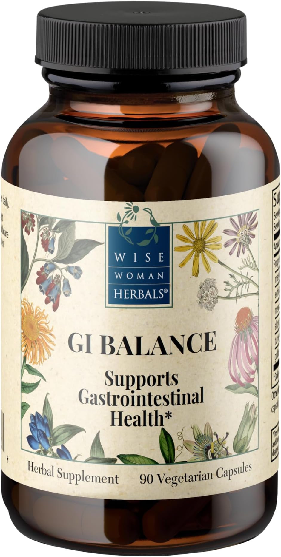 Wise Woman Herbals GI Balance, Non-GMO, Plant-Based Digestive Blend with Slippery Elm, Marshmallow Root & Plantain, Soothes Gut Lining, Relieves Gas, Bloating, 90 Veg Caps
